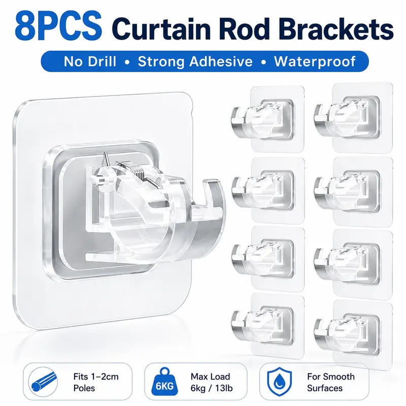 8-Piece Self-Adhesive No-Drill Adjustable Curtain Rod Brackets, Transparent Hooks for Bathroom, Kitchen, Home, Hotel, Versatile Use, No Drilling Required