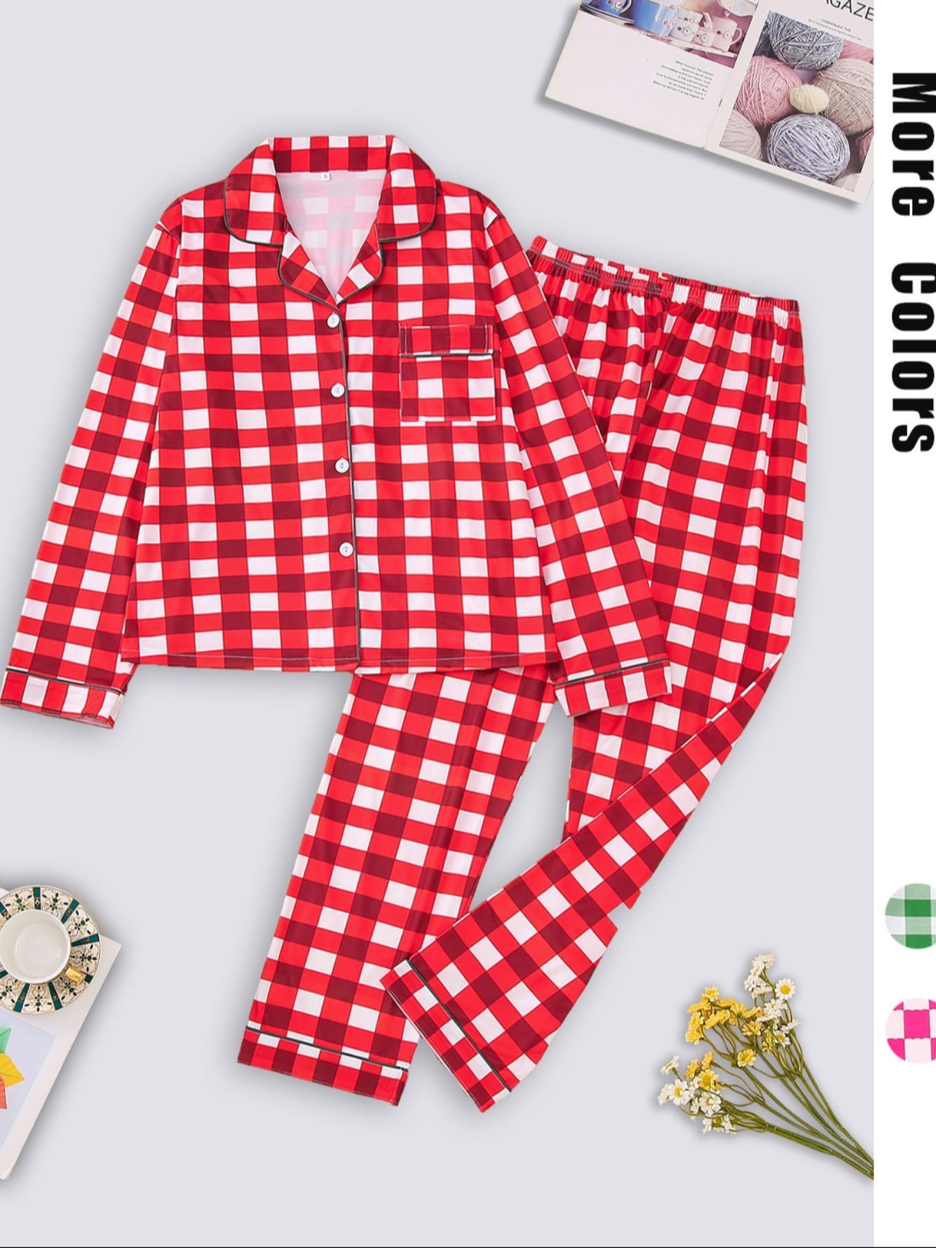 Women's Plaid Print Lapel Neck Button Front Top & Pants Pajama Two-piece Set, Elegant Comfy Long Sleeve Top & Pants Pj Set, Ladies Sleepwear for Spring & Fall, Casual Sleepwear Set