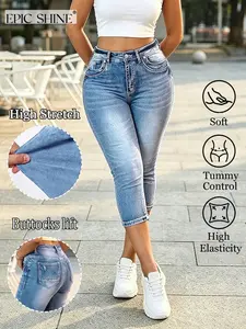 Women's High-Waisted Stretch Denim Capri Jeans, Washed Blue, Tight Fit, Casual Style, Spring Summer Fall Daily Wear, Usa Fashion, Bottom