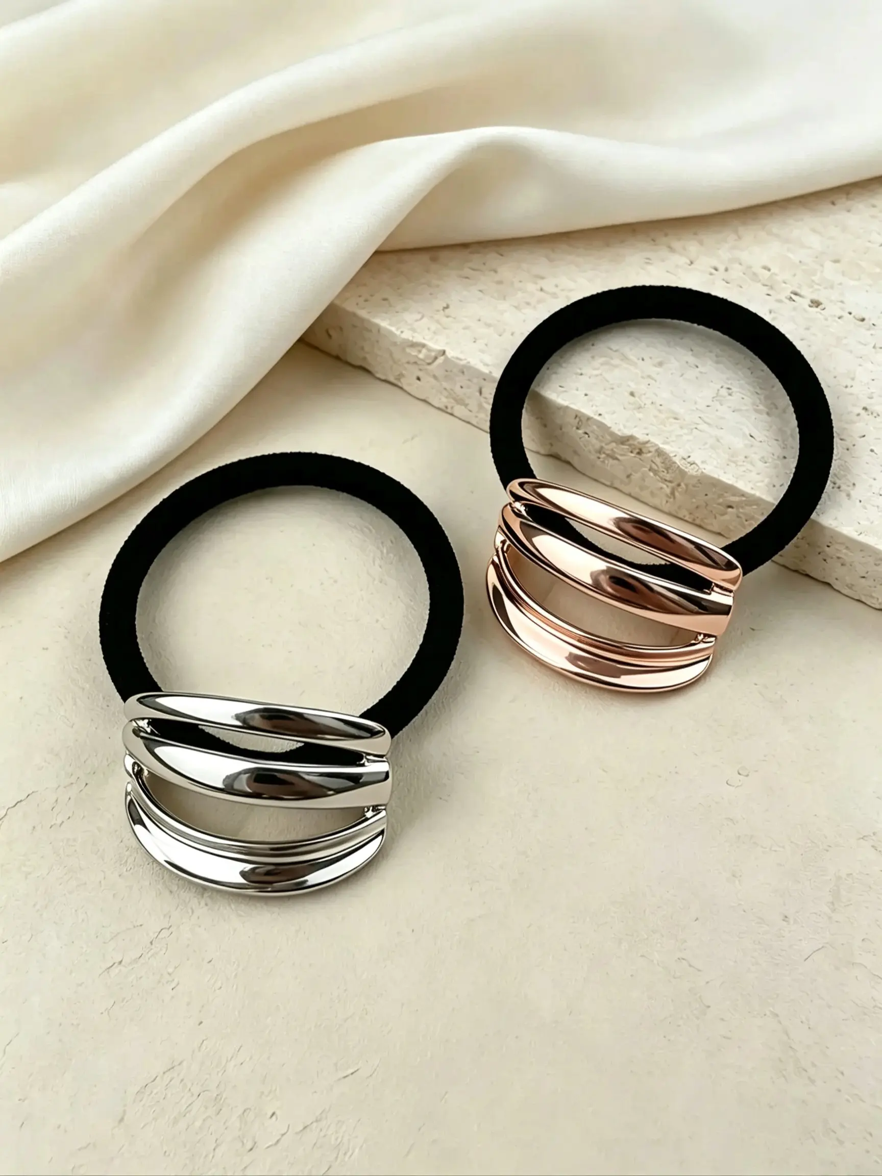 2pcs Metal Geometric Hairbands, High-End Versatile Ponytail Holders, Perfect for Daily Use and Parties, Stylish Hair Accessories, Minimalist Metal Hairband