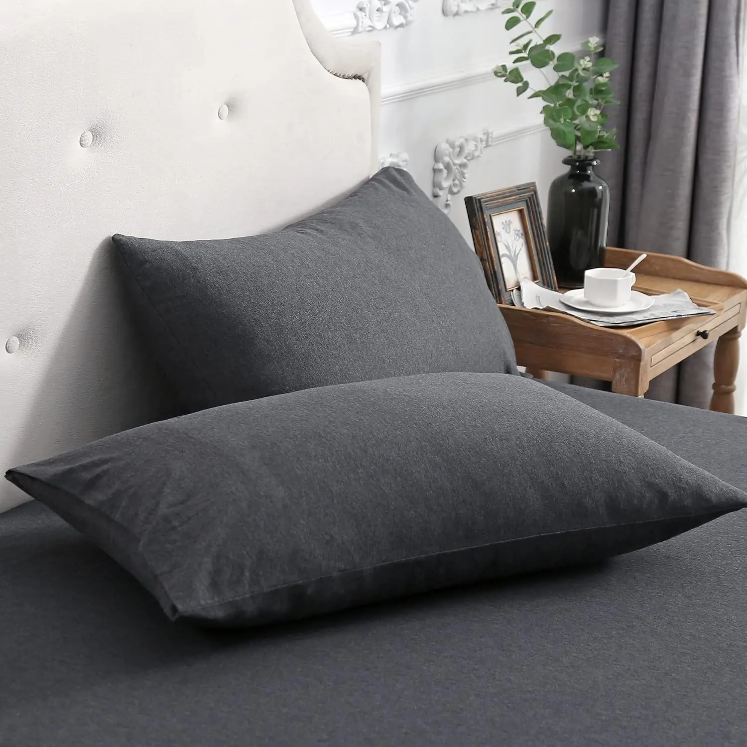 100% Cotton Jersey Knit Pillow Cases, Heather Charcoal Grey Standard Size, Set of 2, T-Shirt Soft, Breathable, Stretchy, Envelope Closure, Machine Washable, No Insert, Modern Indoor Furniture Pillowcases, Two
