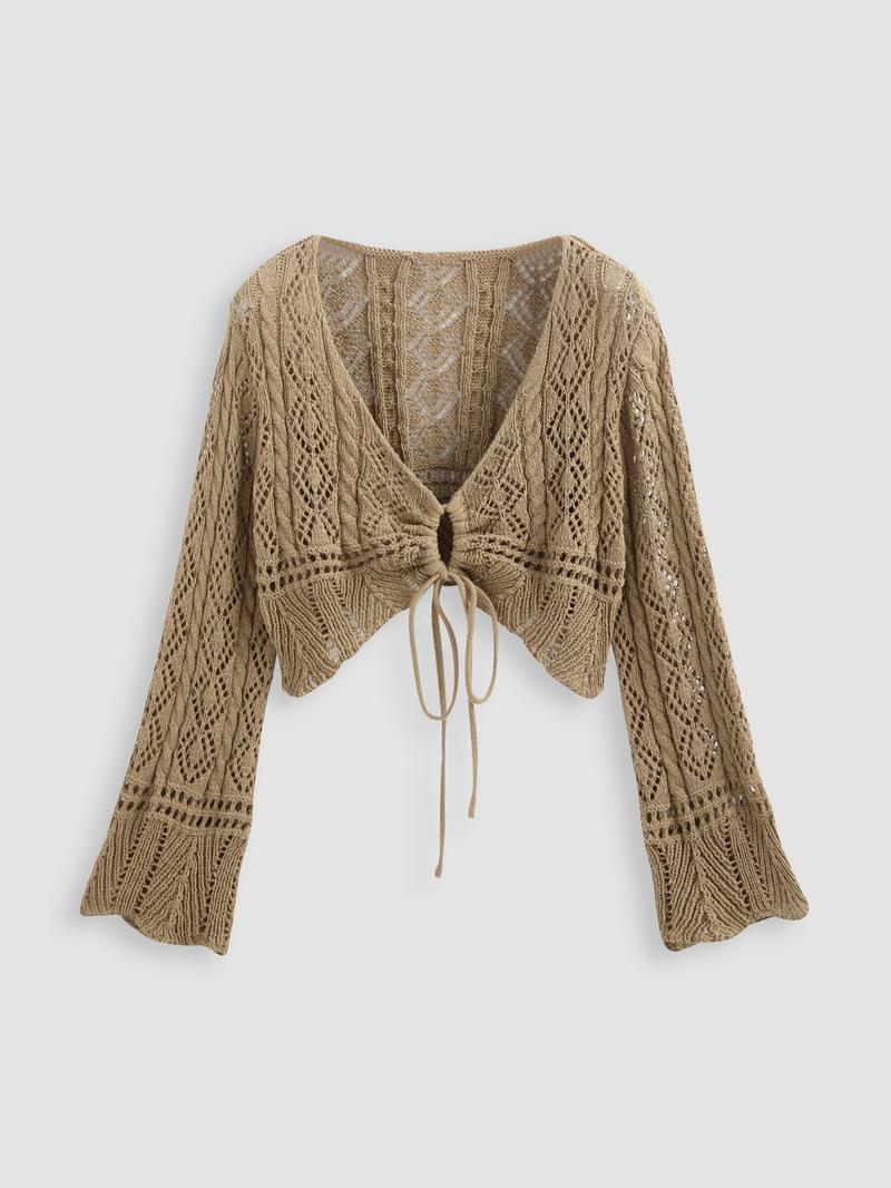 Cider [4 colors, size 2-26] Solid Crochet Tie Front Deep V Neck Crop Top Curve & Plus