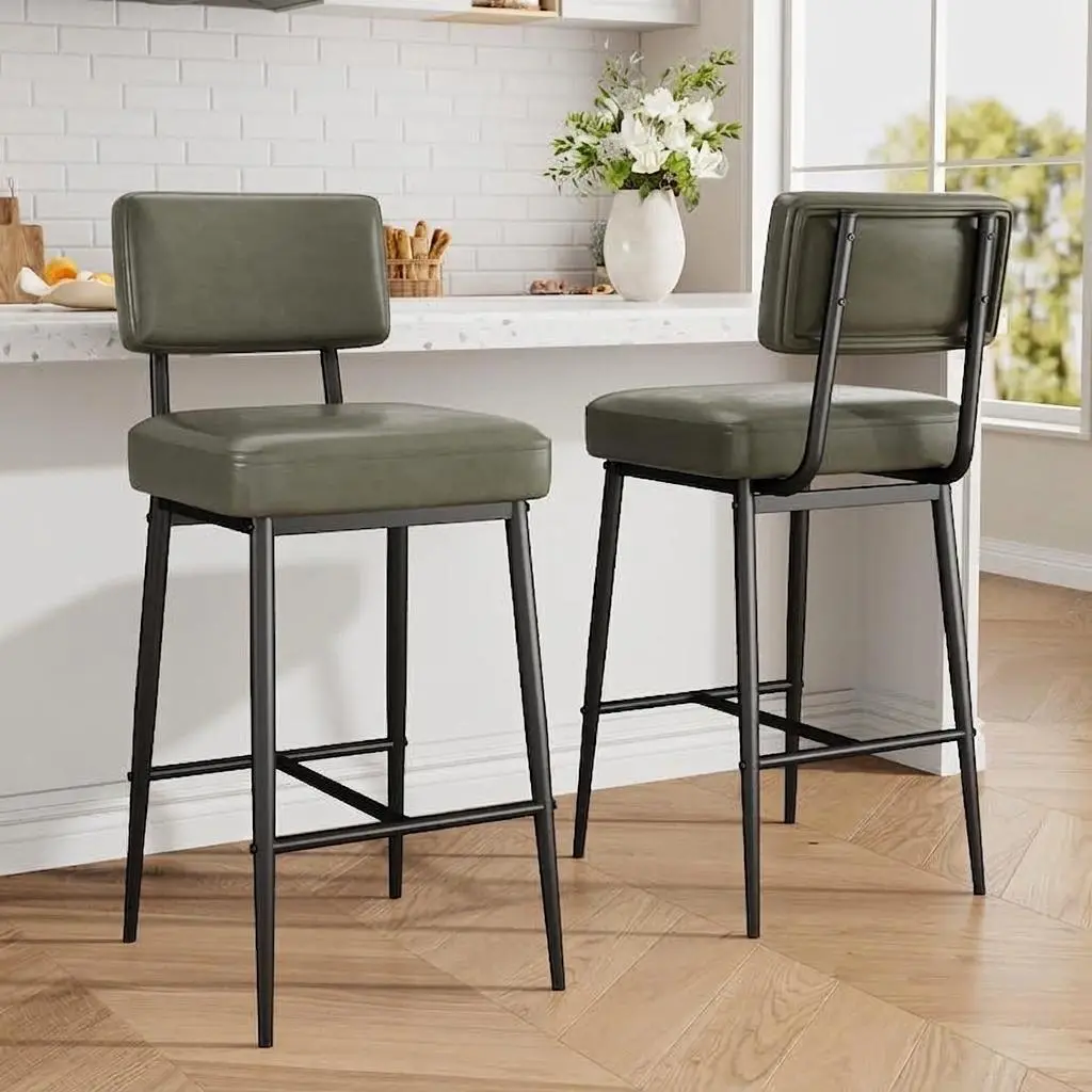 2Pack 26" Bar Stools, Modern Upholstered Barstool Chairs, Faux Leather Counter Height Bar Stool w/ Back, Metal Legs for Kitchen, Supports up to 400 lbs