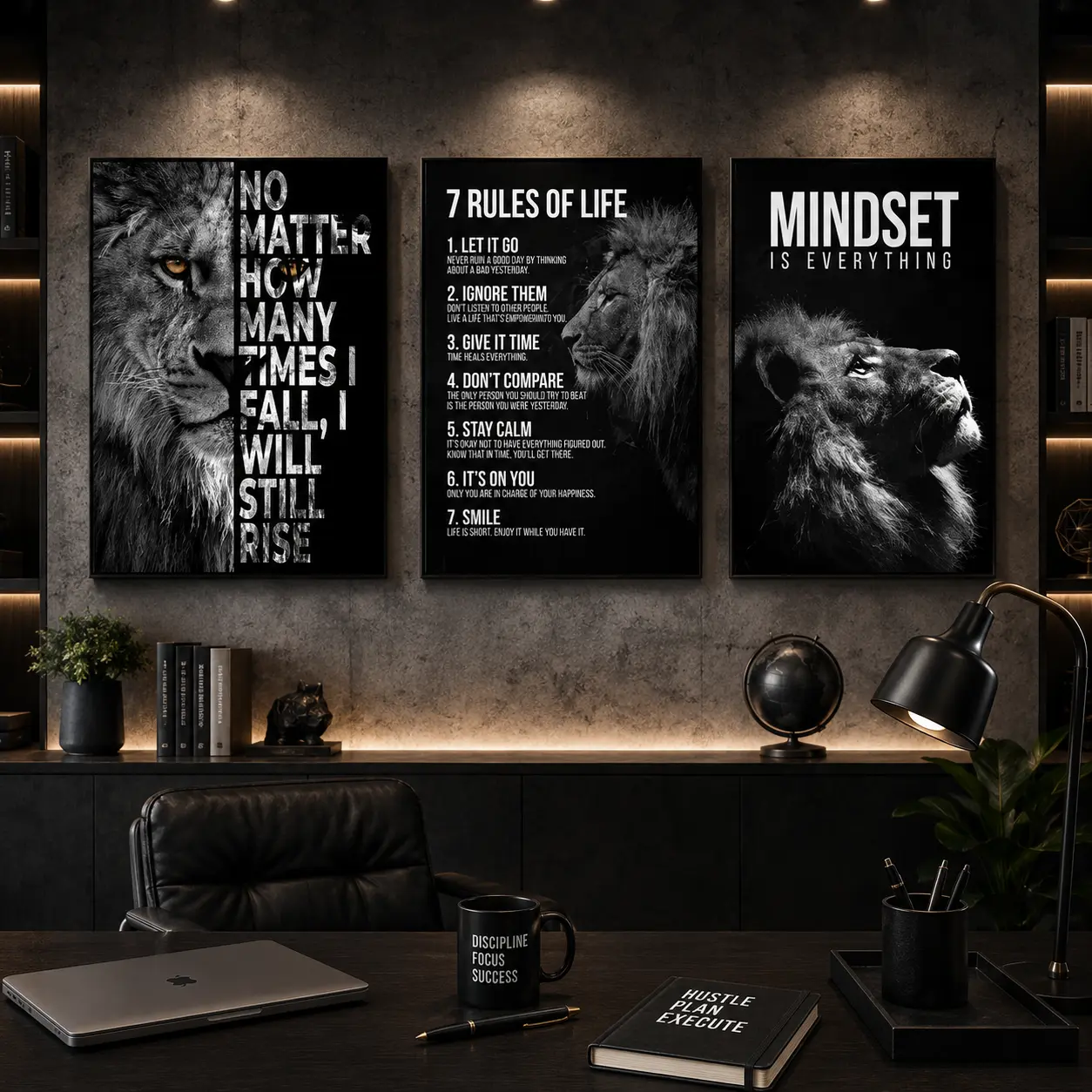 Lion Pattern framed Painting, 3 Counts/set Inspirational Wall Art, Wall Decor for Home Living Room Bedroom Office, Ornaments, Canvas Wall Art Print, Inspirational Lion Poster Set, Animal Wall Decor for Man Cave Gym Dorm, Gift for Men