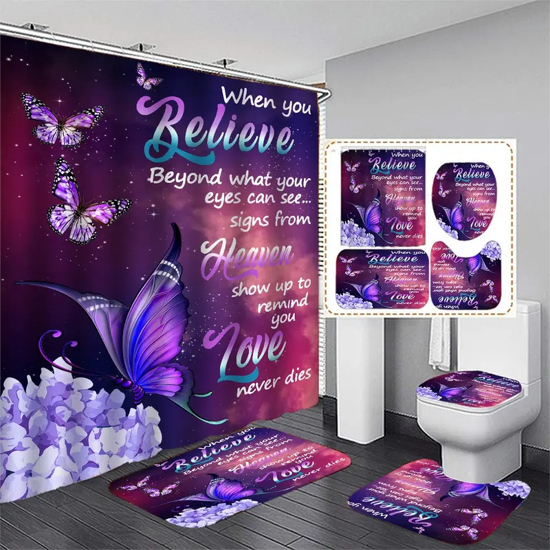 Butterfly & Letter Pattern Bathroom Set, Including 1 Toilet Lid Cover & 2 Bathroom Rug & 1 Shower Curtain with 12pcs Hooks, Bathroom Decoration Accessories, Bathroom Decor And Accessories