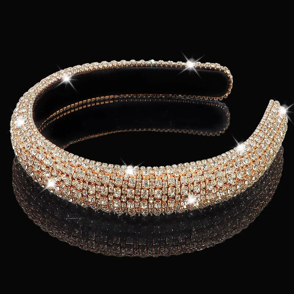 Women's Padded Jeweled Headpiece - Gold Crystal Glitter Rhinestone Accessory for Birthday, Holiday Parties, All Female Hair Styling Needs
