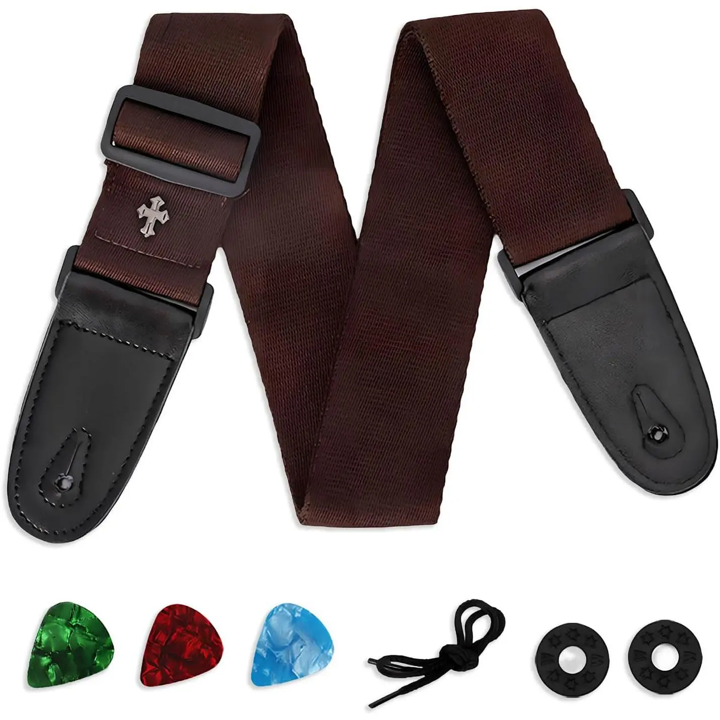 Guitar Strap with Pick Pocket,3 Guitar Picks and 2 Strap Locks for Bass,Electric,Acoustic Guitar(Brown)