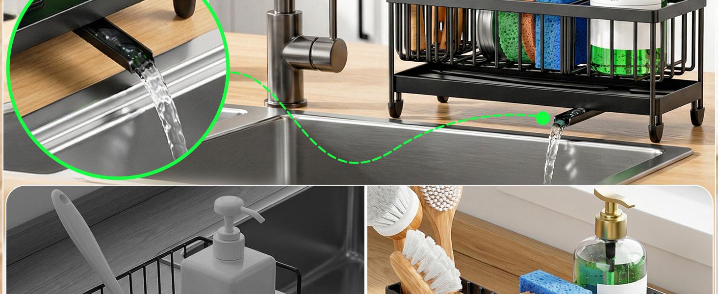 Sponge Holder for Kitchen Sink, Sink Caddy Organizer with High Brush Holder, Kitchen Countertop Organizers and Storage Essentials, Rustproof 304 Stainless Steel (Black, 9.25″)