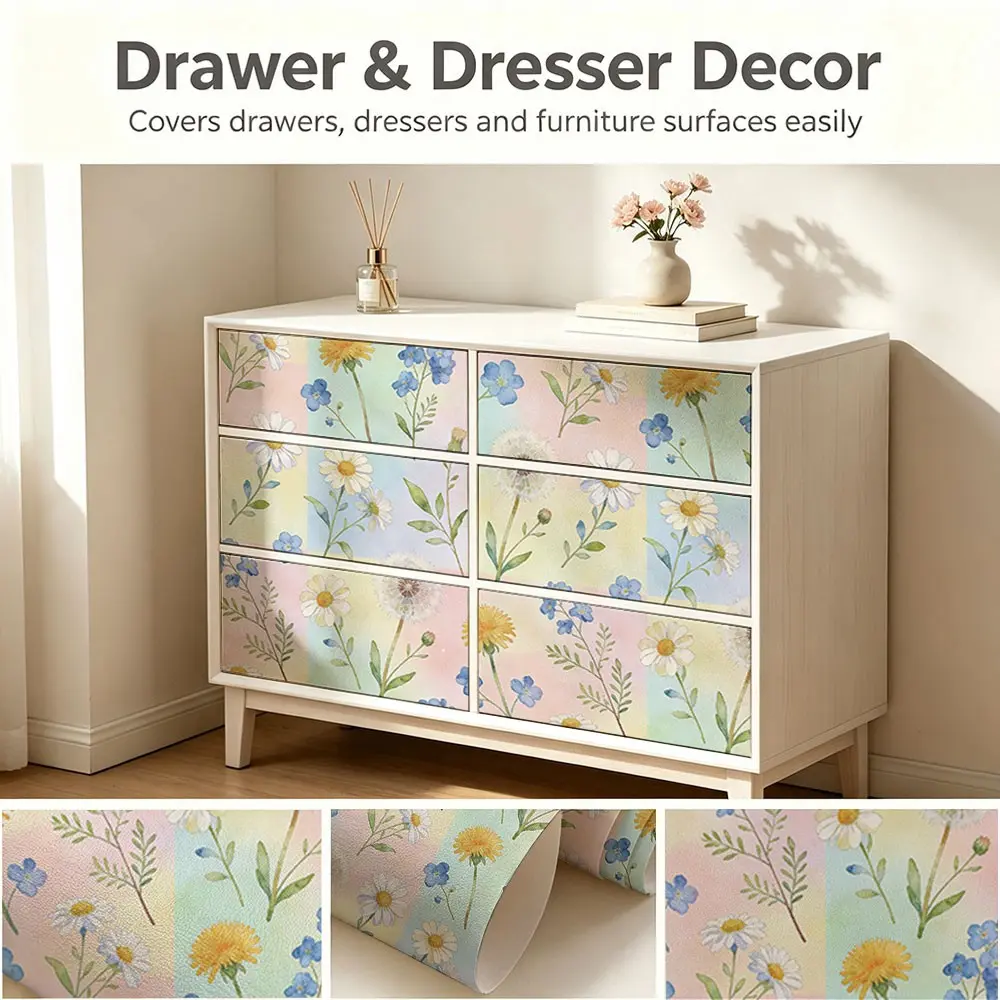 Colorful Grid Hand-Painted Daisy Dandelion Wall Paper, PVC Adhesive Backing, Mould-Proof, Ideal for Kitchen Living Room Bedroom Decor