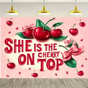 1pc Cherry and Bow Theme Backdrop Banner - Vibrant pink polyester with the text "She's the Cherry Top," perfect for birthday party decorations and celebrations, cherry-themed items