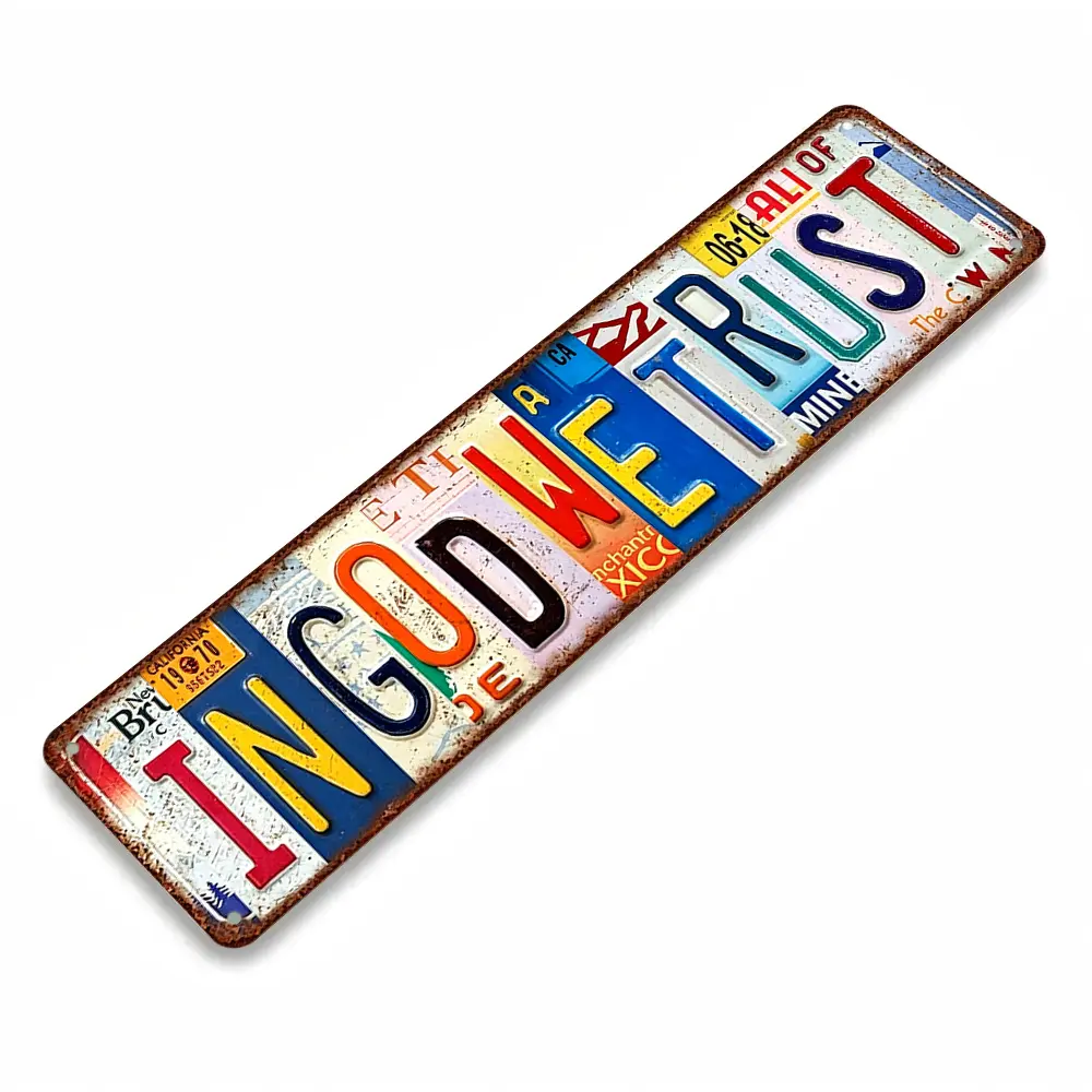 In God We Trust Vintage License Plate Collage Aluminum Metal Sign, 16x4", Multi Color Rusty Distressed, Wall Art Decor, Garage Ornament, Man Cave Space, Patriotic Home Lovers, Independence Day Gift