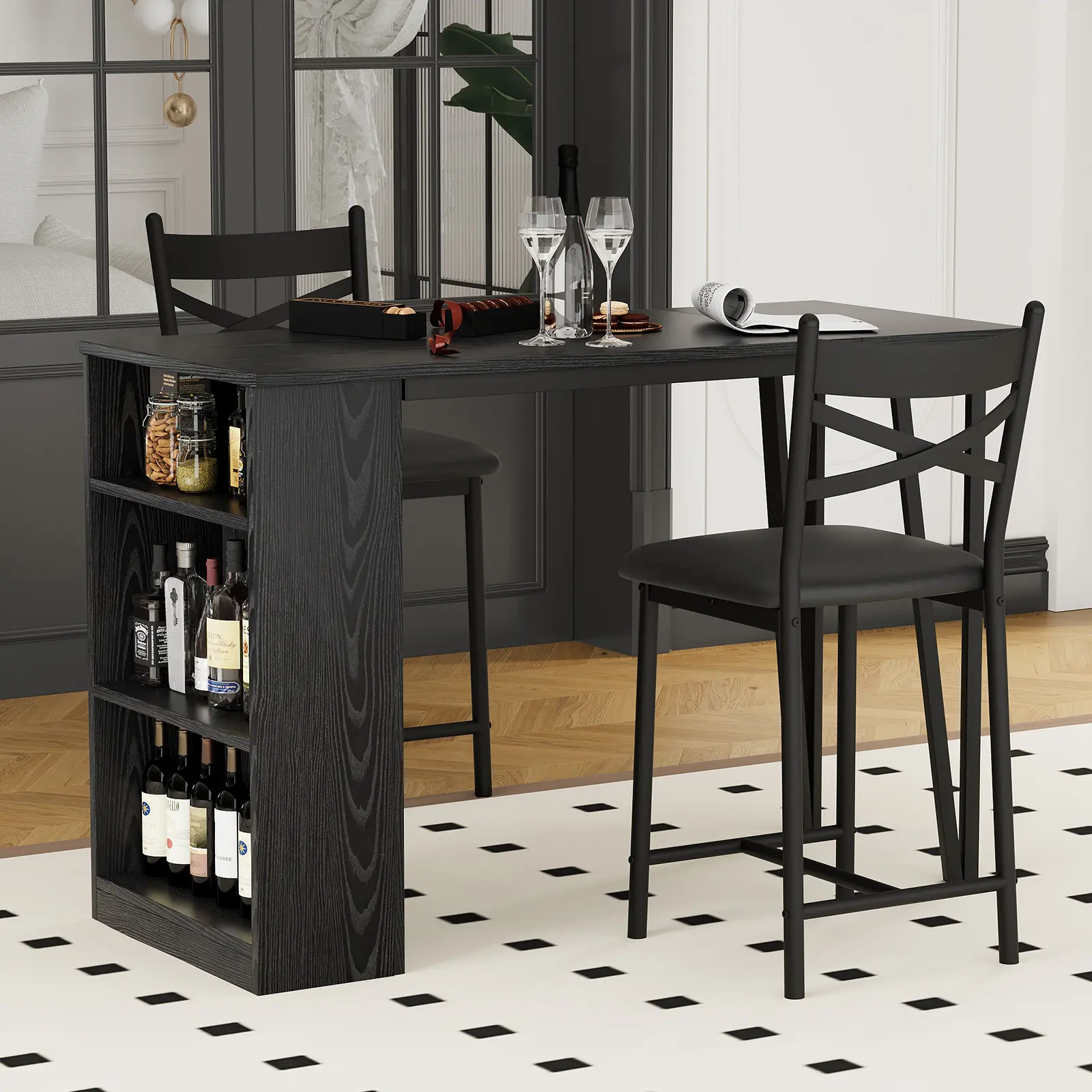 3-Piece High-Top Bar Set with Storage, Extendable Table and 2 Stools, Black and Vintage Brown