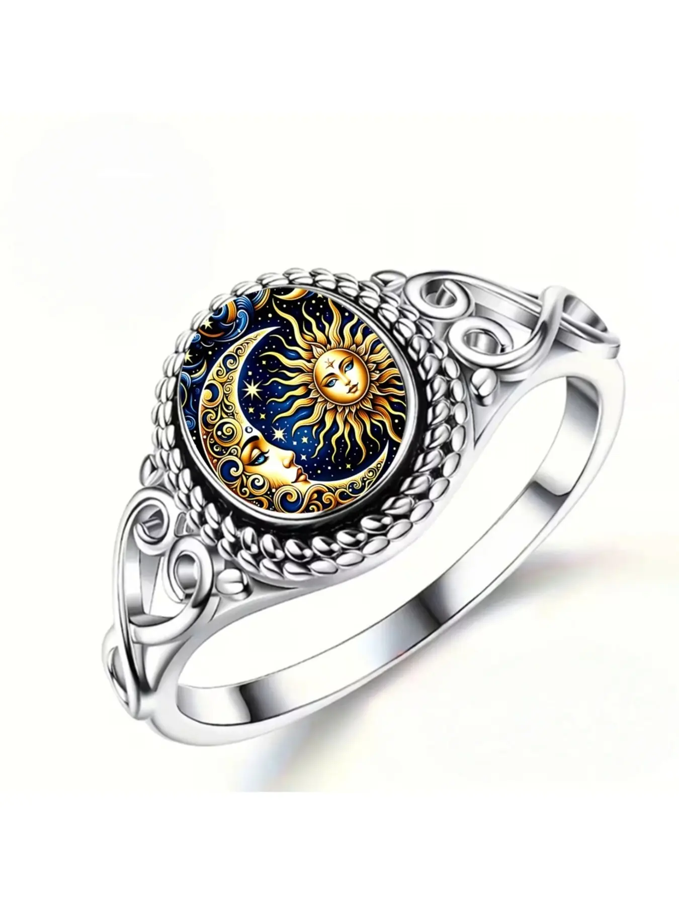 Lady's Retro Hollow Pattern Round Ring - Elegant Ring - Portrait of Sun, Moon and Star Illustration Design for Jewelry - Mystical Astrology and Cosmic Elements - Personalized Daily Gift Decoration for Jewelry