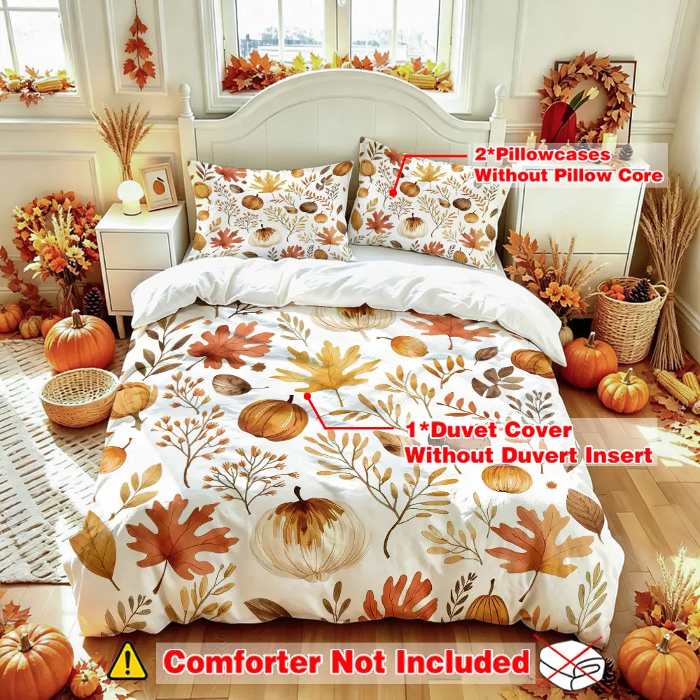 3-Piece Duvet Cover Set (1 Duvet Cover + 2 Pillowcases; Inserts Not Included) – Featuring Hand-Drawn Autumn Leaf, Pumpkin, and Fall-Themed Prints; Soft and Comfortable Bedding Set; Suitable for Room Decor and Gifting.