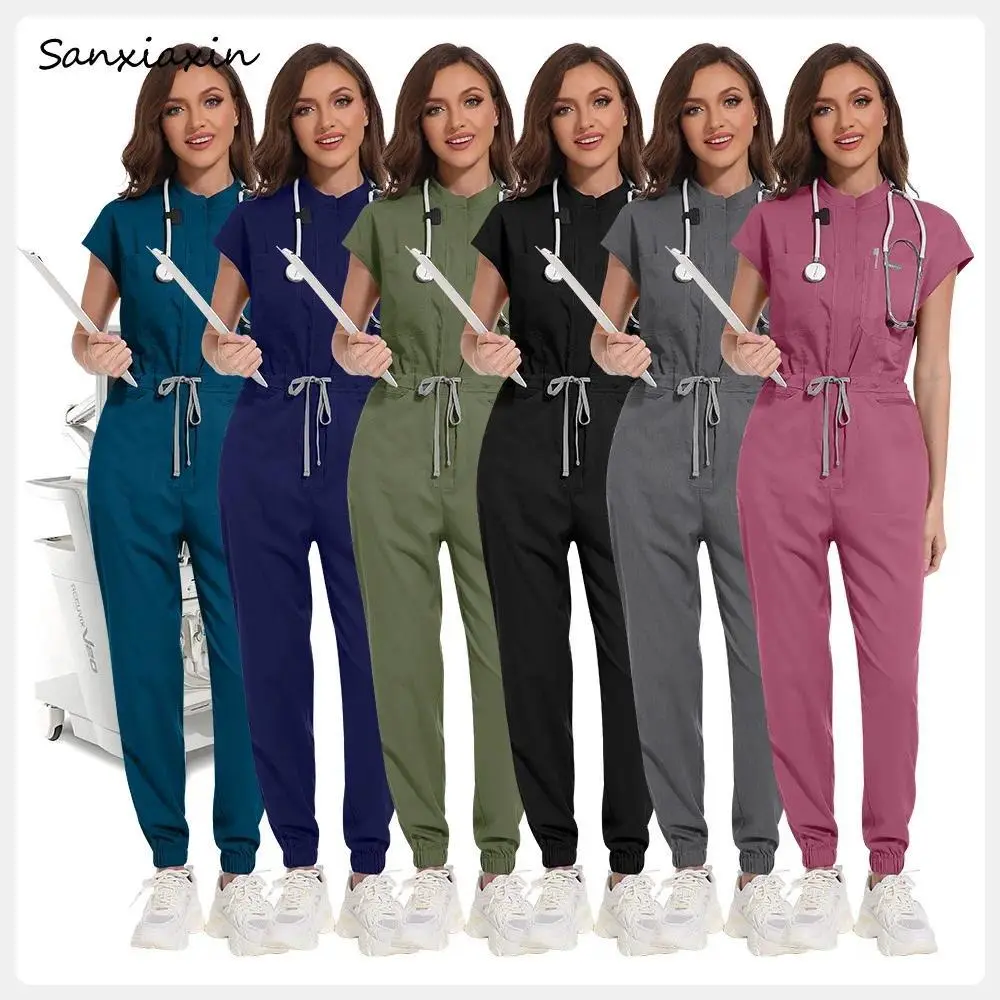 Short Sleeved Scrub Jumpsuits Solid Color Surgical Gowns Medical Accessories Manicurist Beautician Nursing Scrubs Uniforms Women