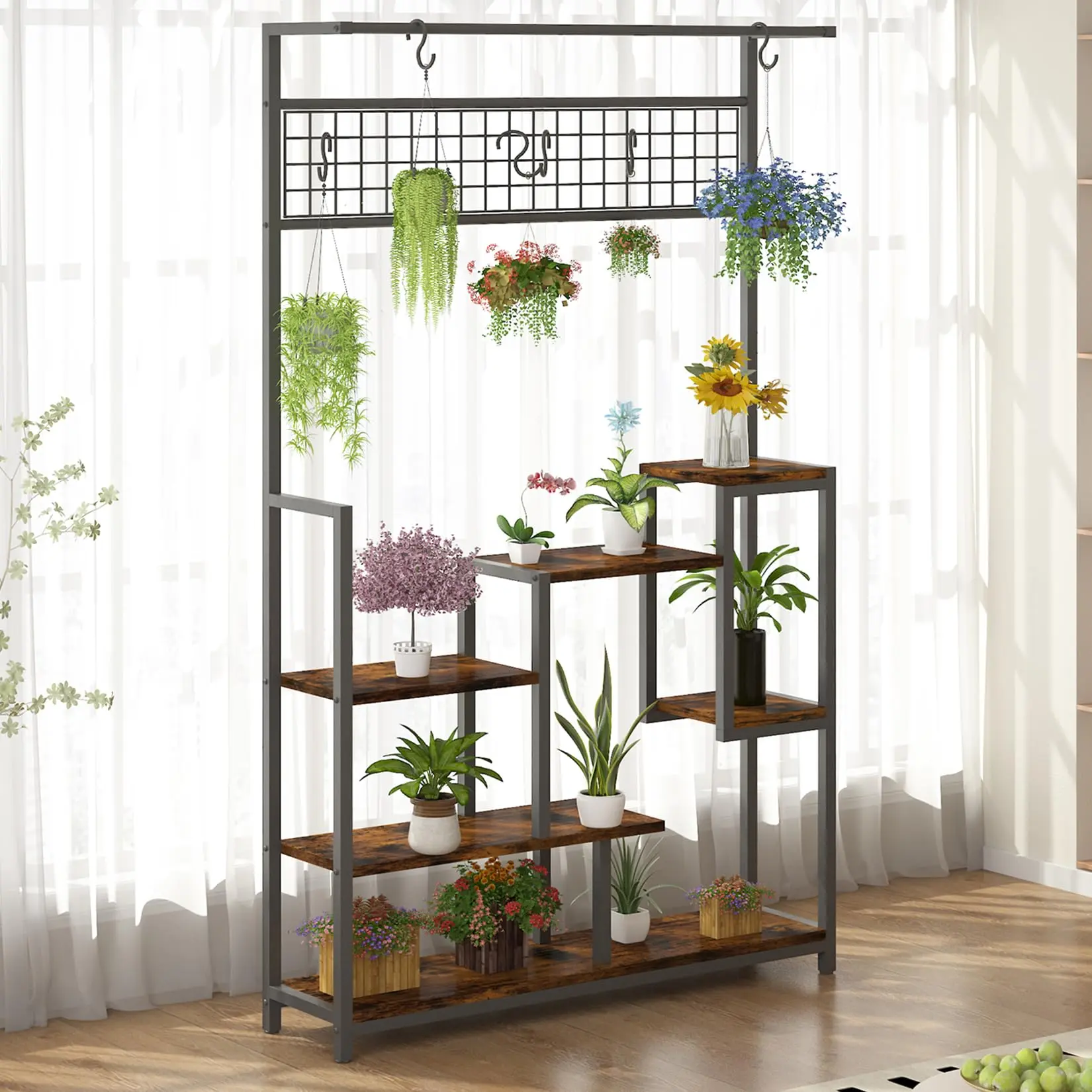 GARVEE7-Tier Tall Plant Shelf with Grow Light - Indoor Metal Plant Stand with Hanging Hooks, Multi-Purpose Bonsai & Flower Pot Organizer for Balcony & Living Room, Brown