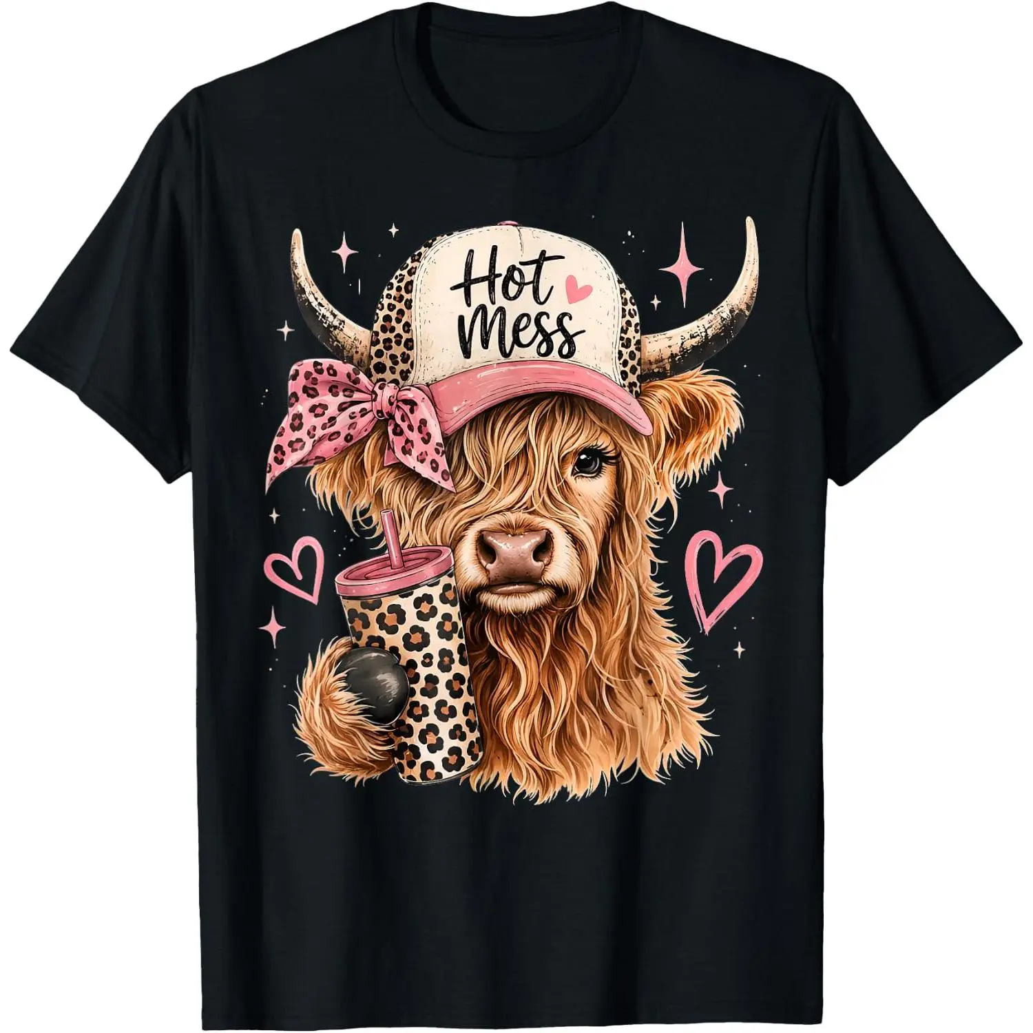 Hot Mess Leopard Highland Cow Funny Coffee Lover Graphic T-Shirt