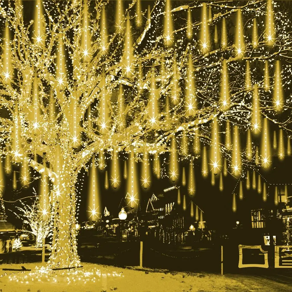 Christmas Lights Outdoor, Falling Rain Lights Meteor Shower Lights 12 inch 8Tube 192 LED Snowfall Icicle Cascading String Lights for Xmas Tree Christmas Decorations Holiday,UL Plug,Warm White
