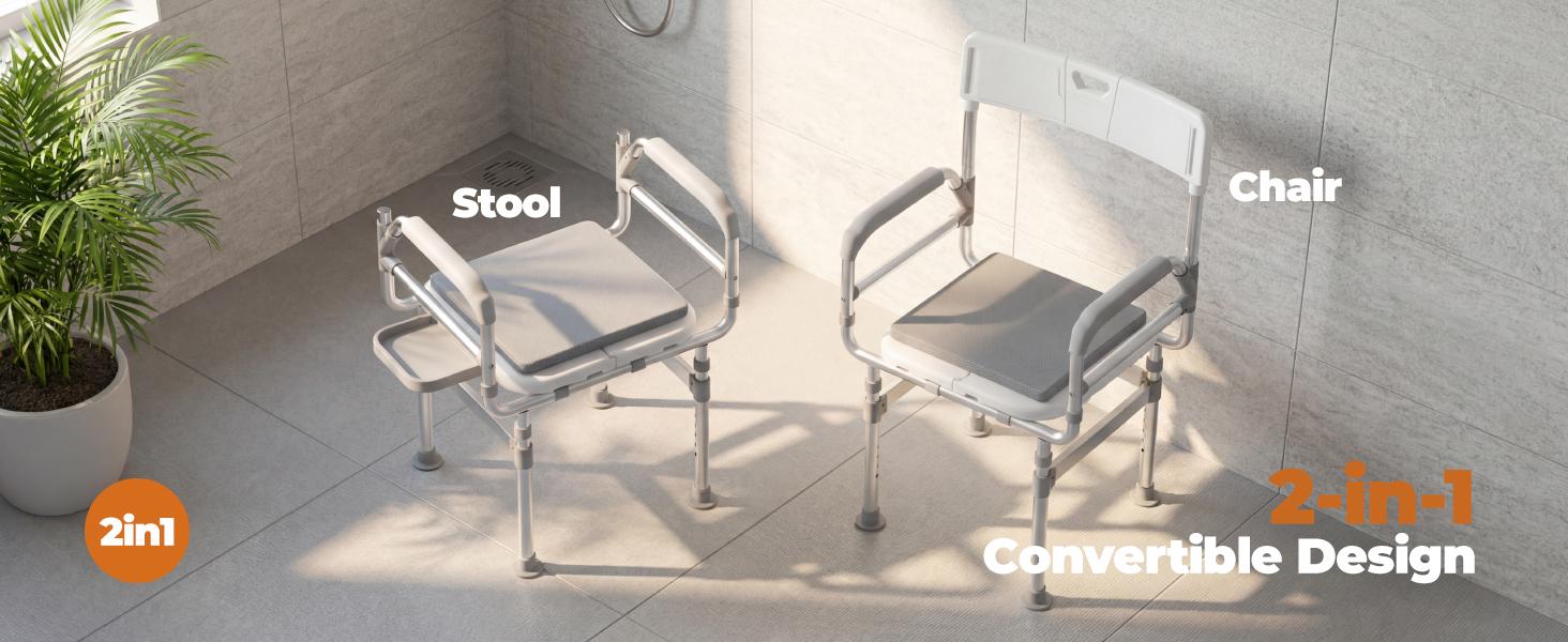 Folding Shower Chair for Inside Shower, Tub and 440lb Weight Capacity - Foldable Shower Chair for Elderly and Disabled - Shower Seat with Arms, Back, Cushion and Shelf