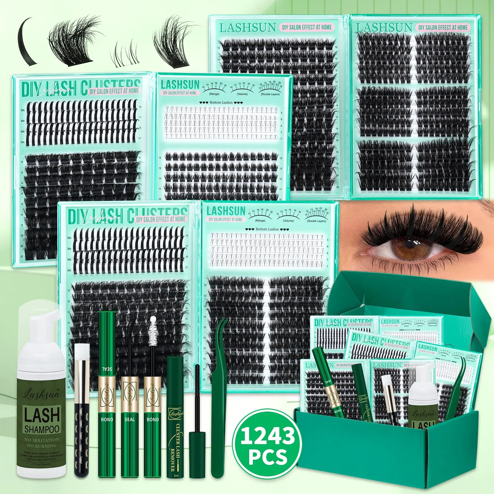 1243 Pcs D Curl Eyelash Clusters Set, Mixed 5-21mm 8 Styles Bottom/Spike/Mega/Cat/Volume Thick 3D Multi-Layered Lashes, Kit with Bond & Seal, Remover, Tweezers, Lash Shampoo and Brush, DIY at Home Easily, Easy Apply for Makeup Daily, Spiky Lashes