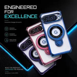 Compatible with Pixel 9, 9 Pro, 9 Pro XL, 9A, Clear Plating Magnetic Ring Stand Shockproof Phone Case with Reinforced Corner Anti-Drop Protection HNZ0309