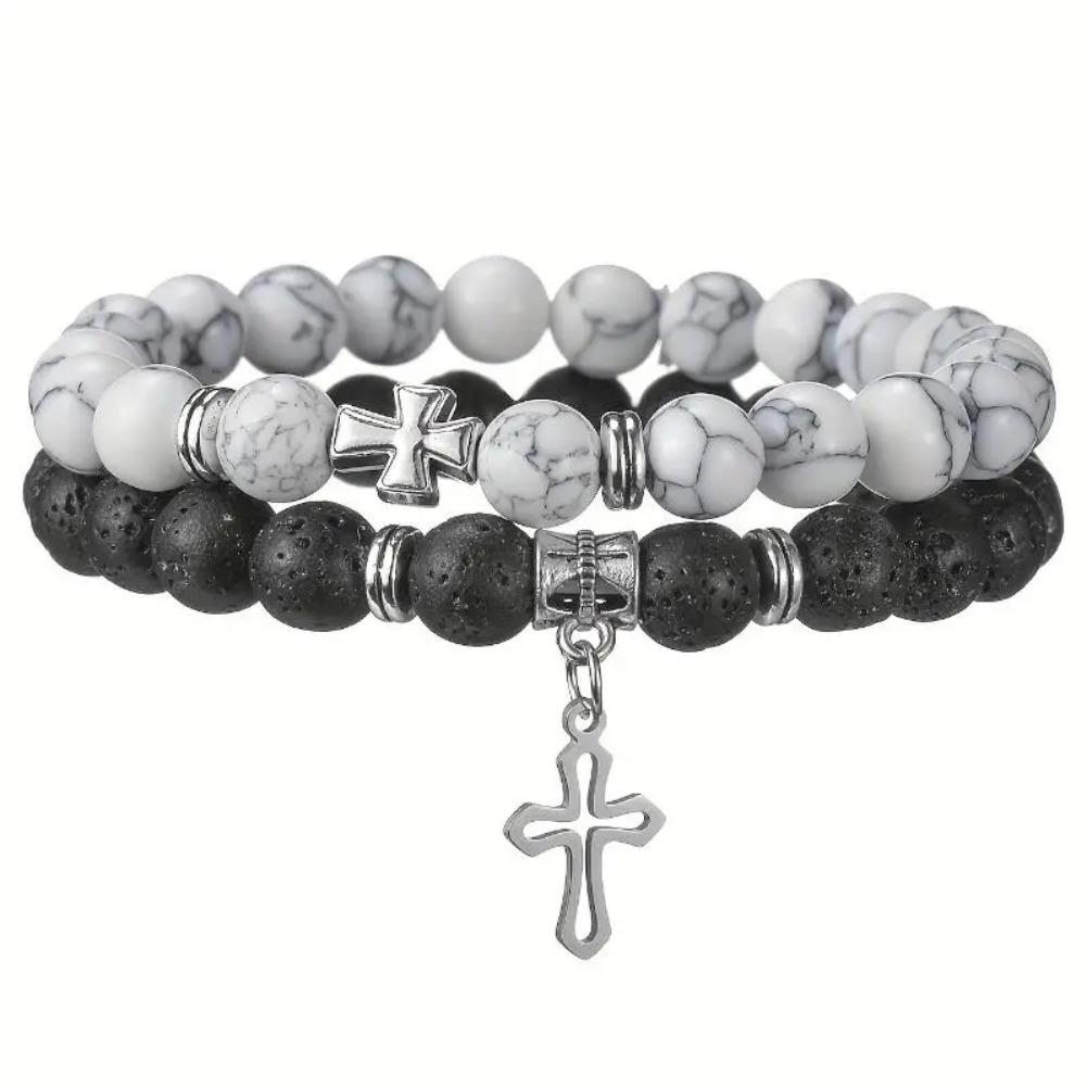 Men's Natural Stone Cross Beaded Bracelet Set (2-Piece) — Vintage White Turquoise & Volcanic Stone Stretch Bracelets | Stylish Religious-Themed Jewelry | An Excellent Gift Choice for Friends and Family.