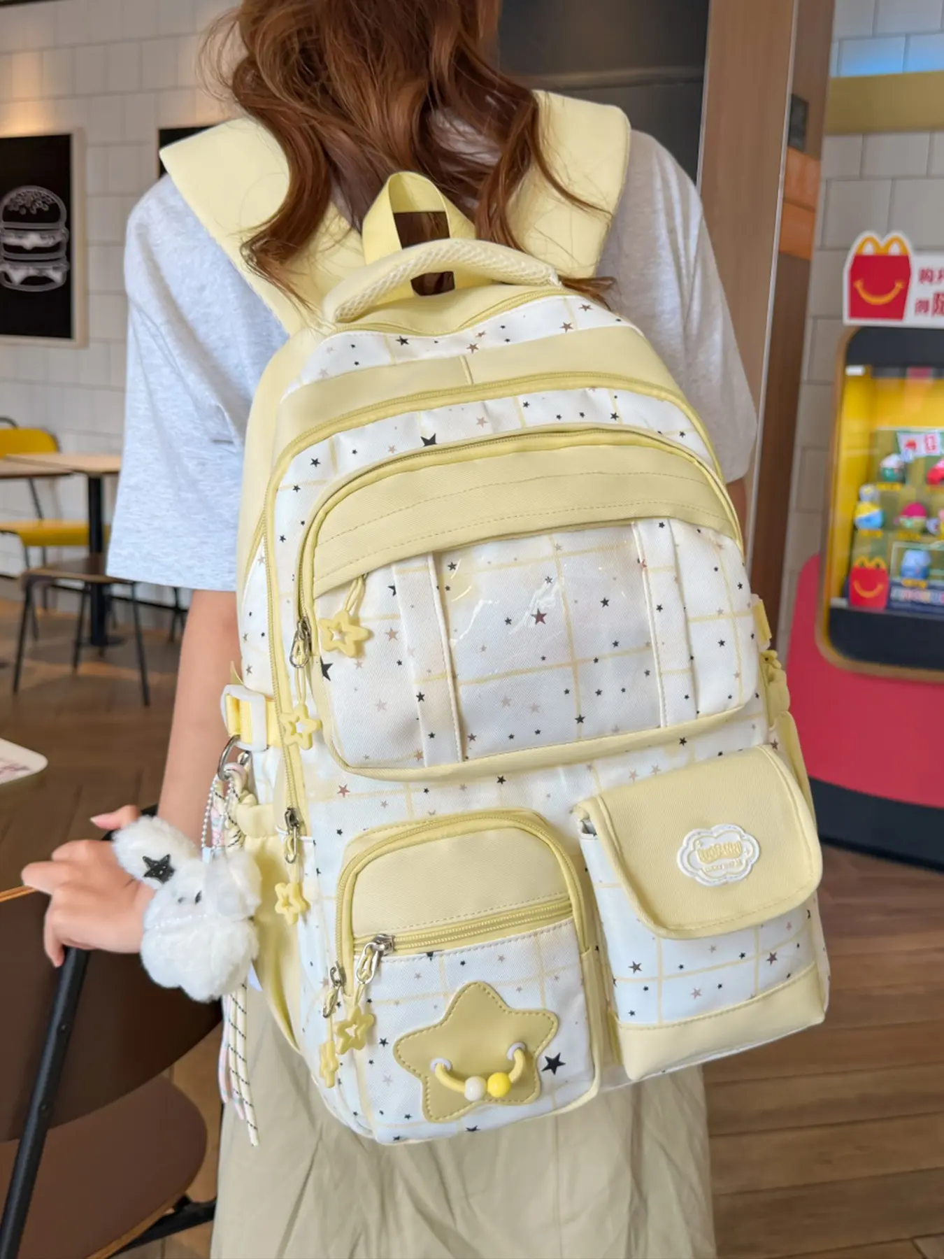 1pc Cream Yellow Plaid Star Soft Fabric Lightweight Large Student Backpack, Neat Fine Stitching With Multi-grid Layered Storage Space, Soft Round Full Bag Silhouette. Cute Vibe Backpack Matching Loose Light Grey Short Sleeve And Apron Casual Long Skirt,