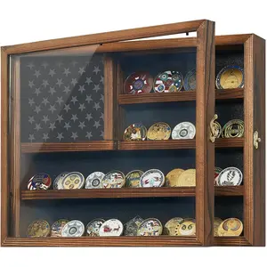Challenge Coin Display Case, 15.7" x 12.4" Lockable Military Coin Holder Cabinet with Removable Star Board, Solid Wood Coins Cases for Collectors Plexiglass Coins Rack Stand