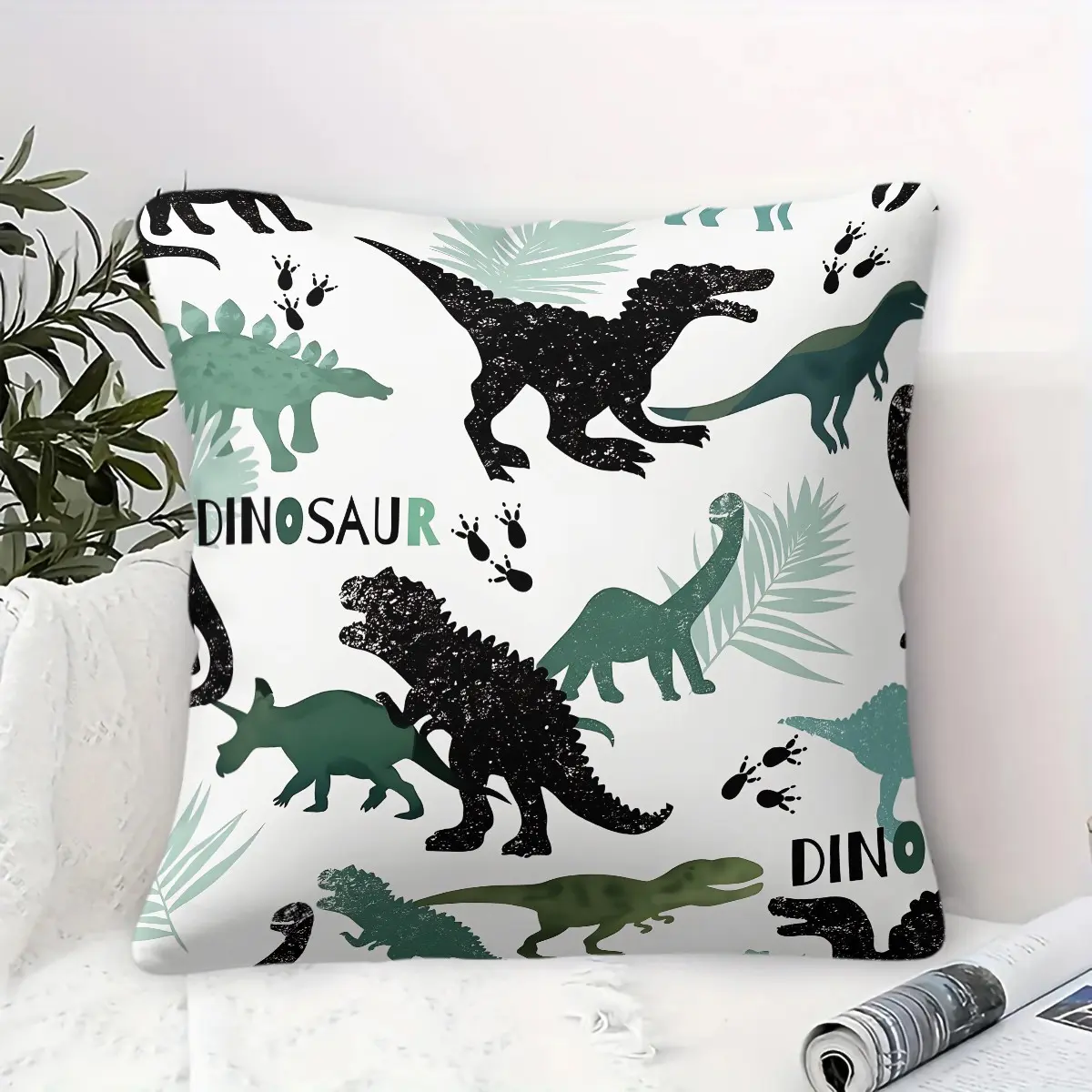Green Black Cartoon Dinosaur Throw Pillow, Cute Dino Cushion Accent Pillow, Includes Pillow Core, Soft Breathable Home Decor Pillows for Sofa Bedroom Kids Room, Perfect Gift for Toddlers, Boys and Dinosaur Lovers, Home Decorative Cushion