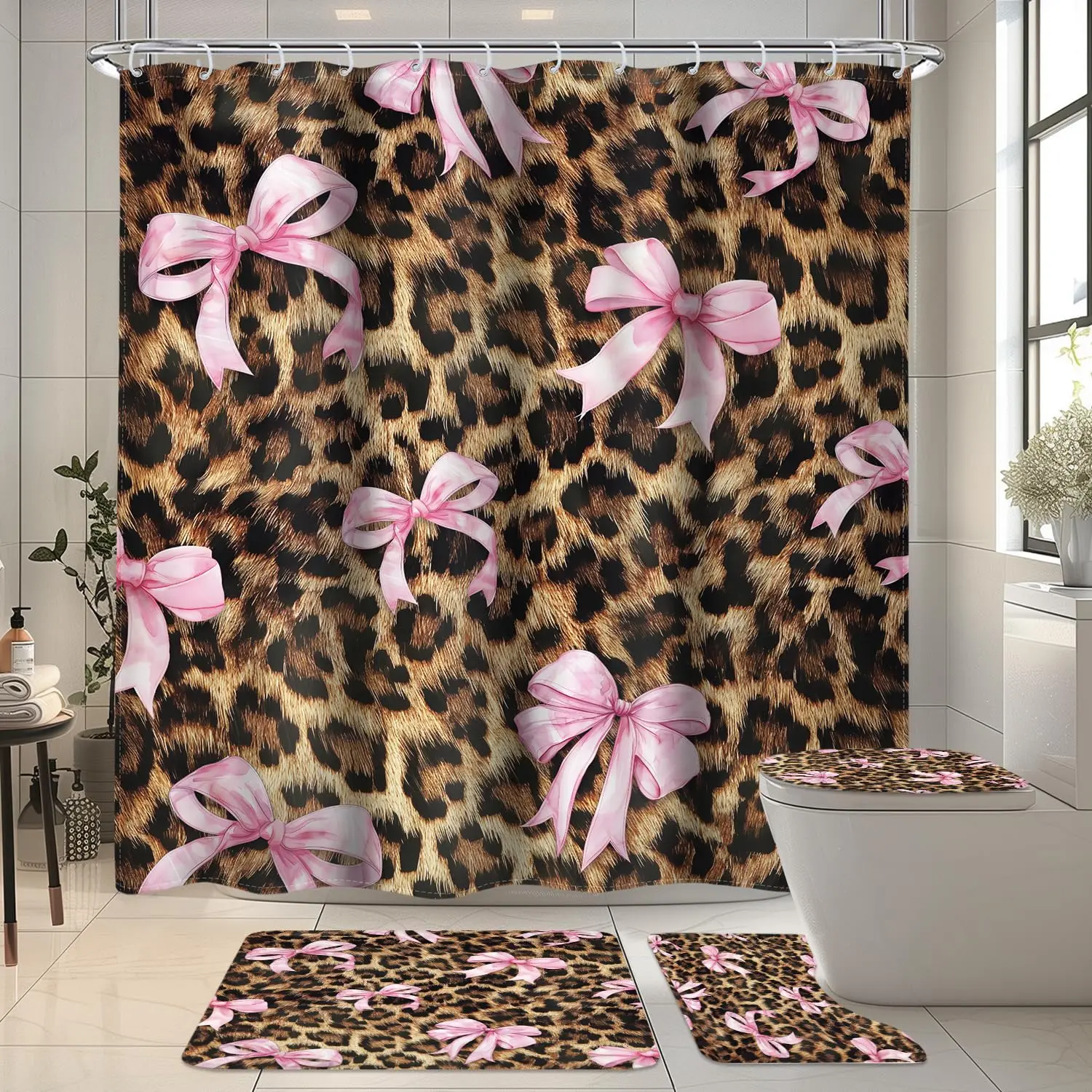 Shower Curtain Set, 4-Piece Chic Leopard Print Polyester Bathroom Decor with Non-Slip Mat, U-Shaped Rug, and 12 Metal Hooks, Shower Curtains, Bathroom Accessories, Bathroom Decor Set