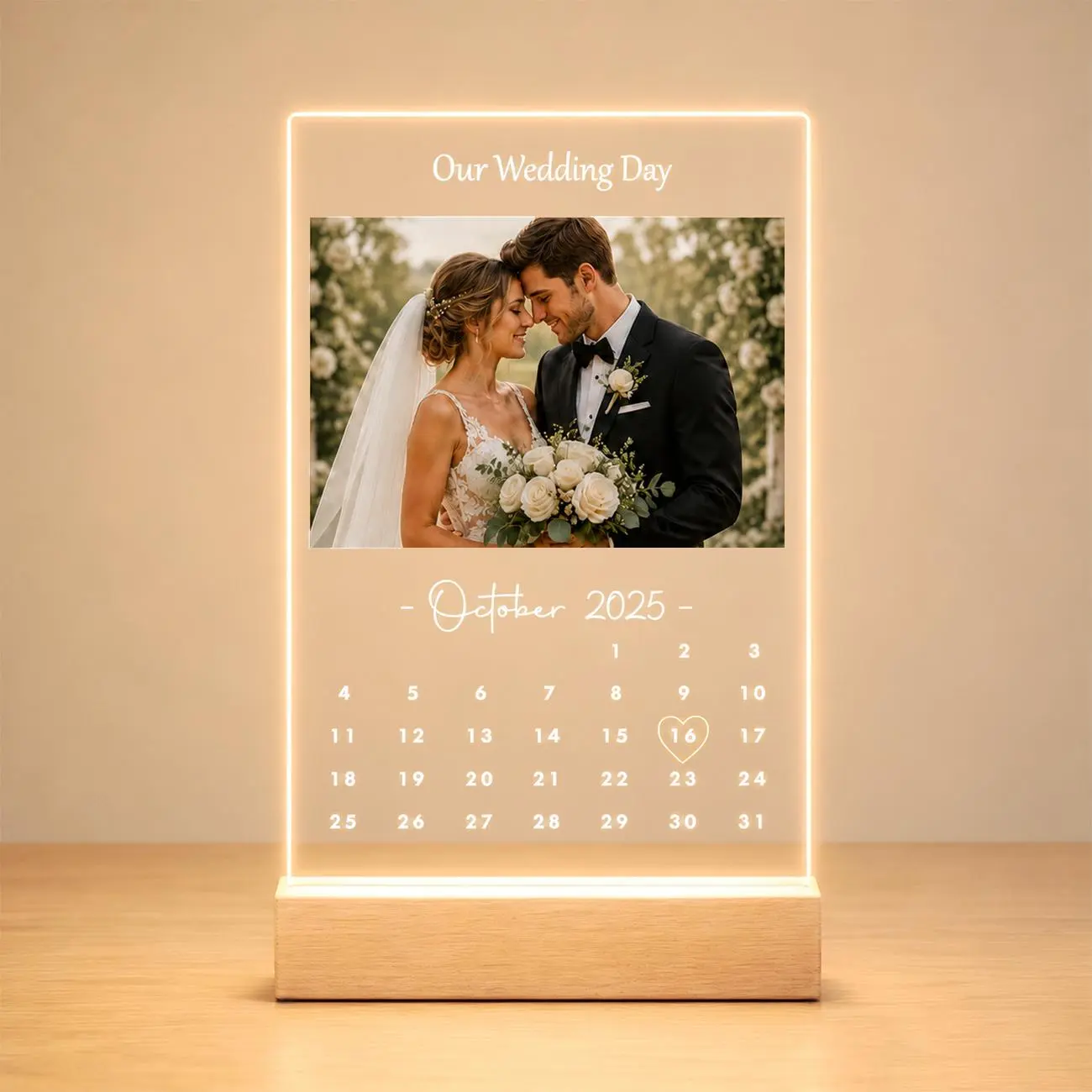 Orivox Custom Rectangular 6x9 in USB-Powered Acrylic Light-Up Wooden Photo Frame with Personalized Photo & Text, Decorative Desk Display Sentimental Home Decor Gift for Couples