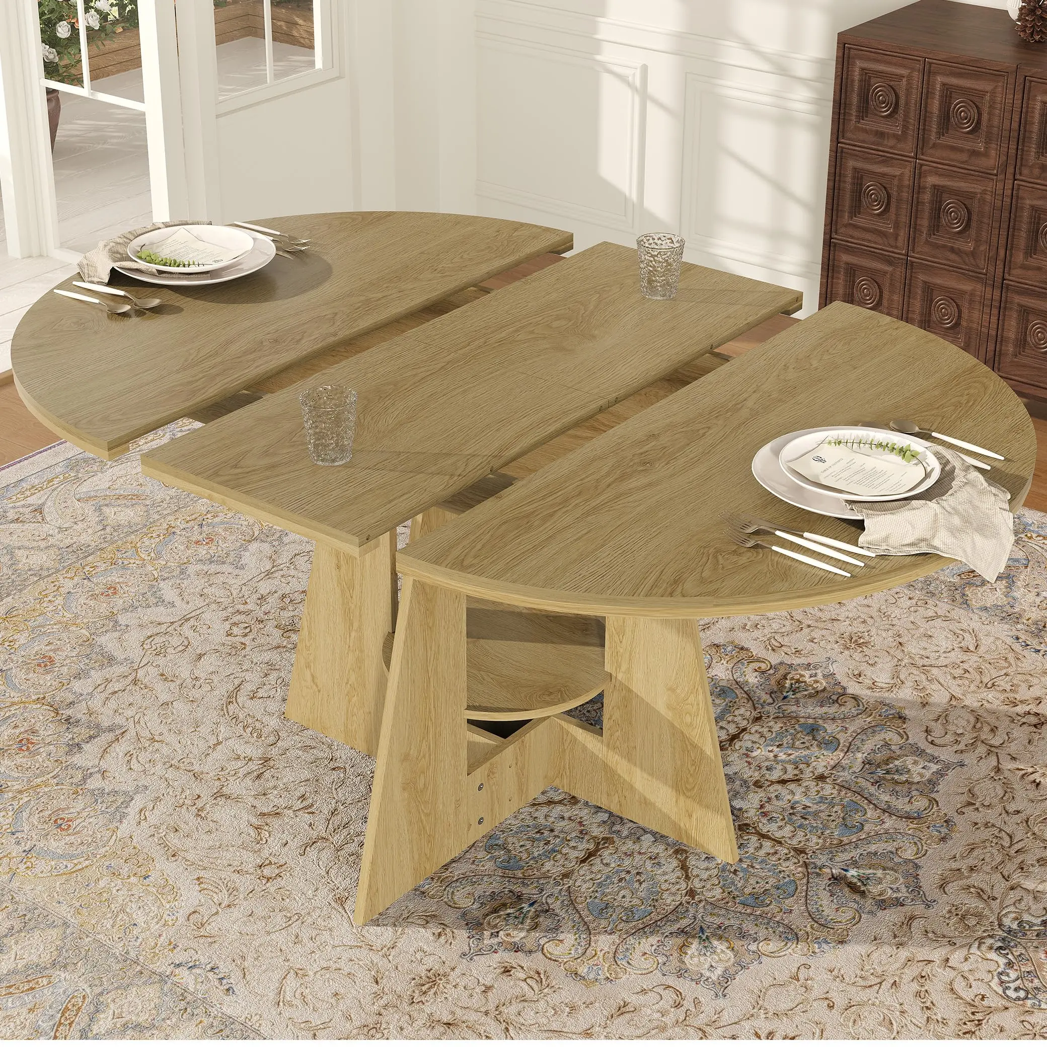 Oval Dining Table for 4-8, 59" Farmhouse Kitchen Table with Extendable Round Top & Storage Shelf, Space-Saving Dinner Table for Small Spaces, Dining Room