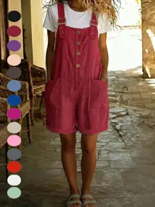 2026 Summer New Cotton Linen Solid Color Retro Pocket Straight Leg Bib Pants for Women, European and American Style, Cross-Border E-Commerce