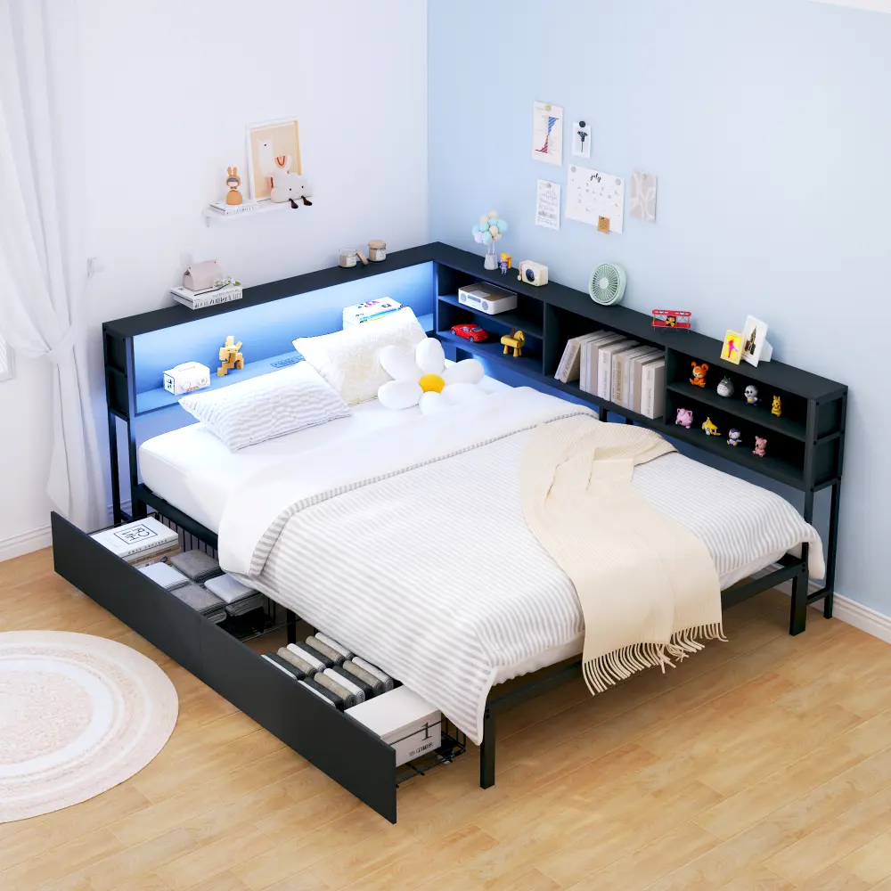 Corner Daybed with Storage, LED Lights and USB Charging – Built-in Bookcase Headboard, Space-Saving Design for Dorms and Small Spaces