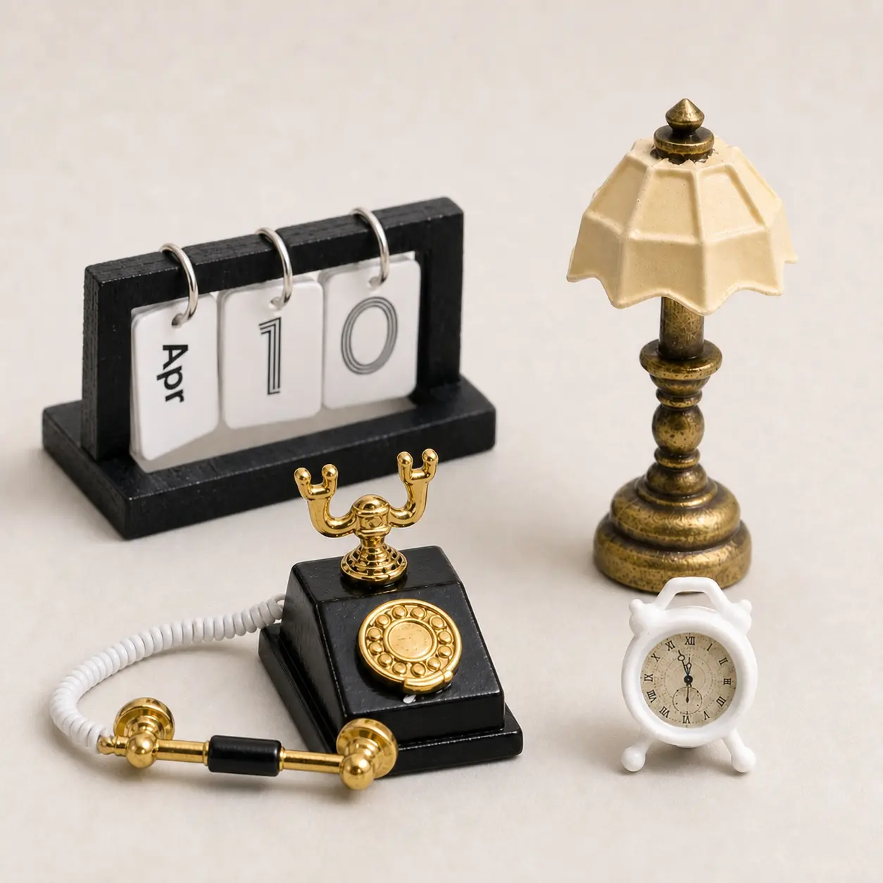 Miniature Dollhouse Vintage Desk Accessory Set, Calendar Alarm Clock Table Lamp and Telephone for DIY Study Office Decor