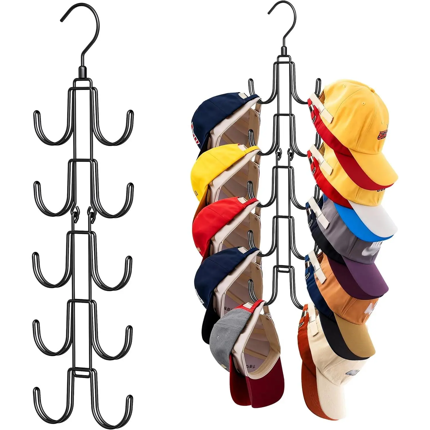 10-Hook Hat Hangers for Closet, Stainless Steel Hat Organizer, Collapsible Hat Holder, 360° Rotating Cap Rack, Space Saving Hat Storage for Baseball Caps