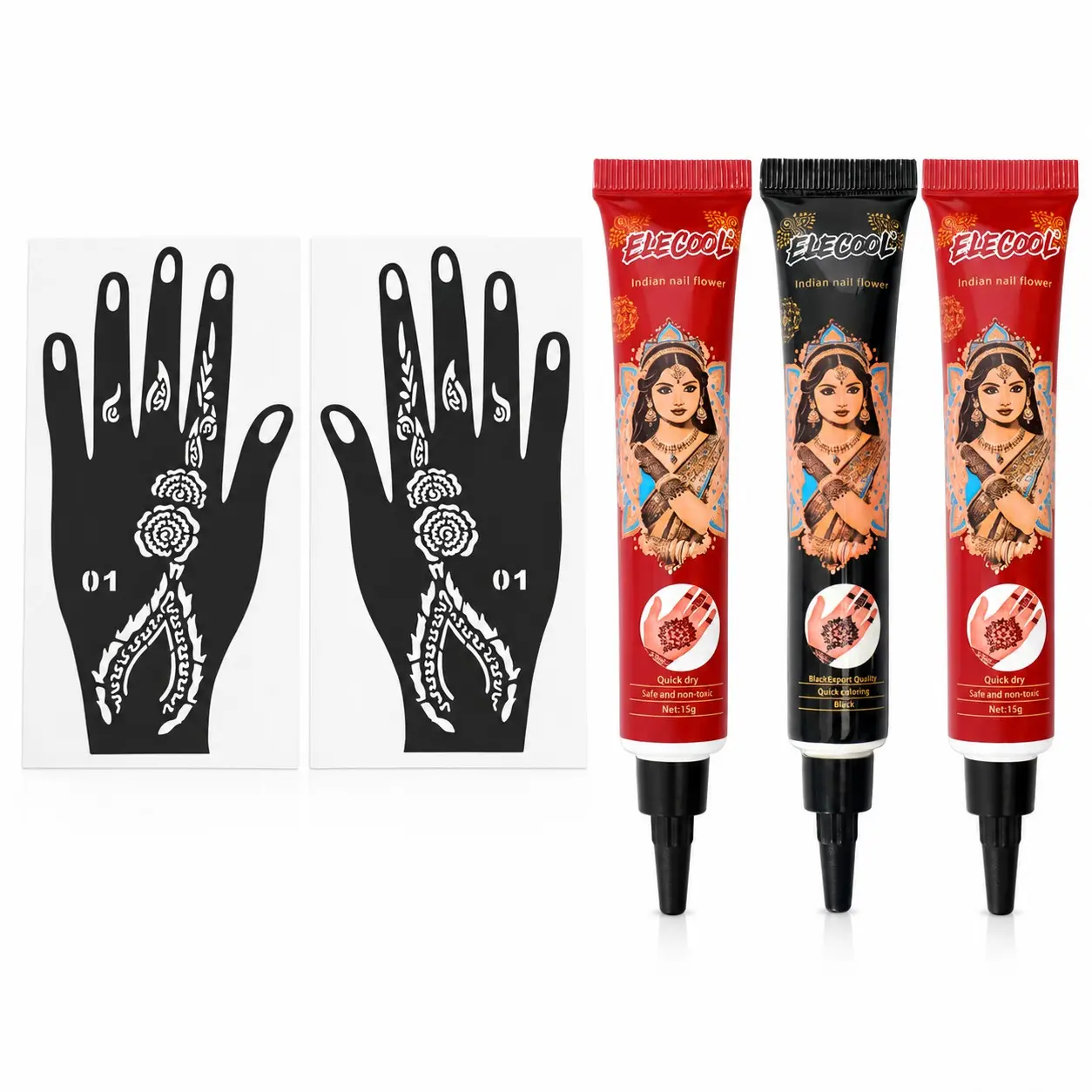 3-Pack Temporary Tattoo Paste with Hand Stencils, DIY Henna-Style Hand Tattoo Kit, Easy Body Art Set for Parties and Festivals