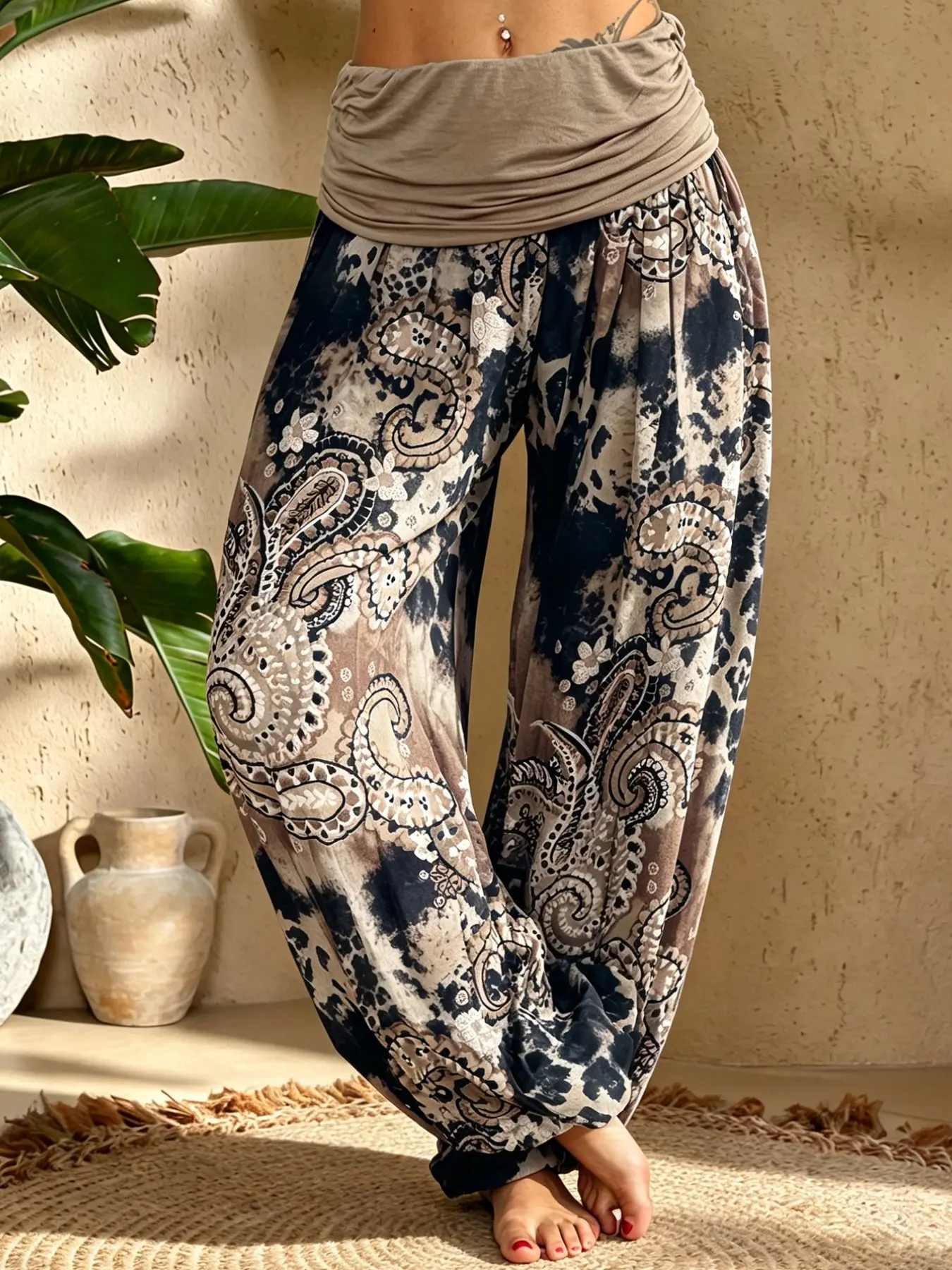 Vintage Boho Floral Print High-Waisted Harem Pants, Folded Waist Loose Fit Baggy Yoga Pants, Casual Vacation Lazy Lantern Pants, Bottoms