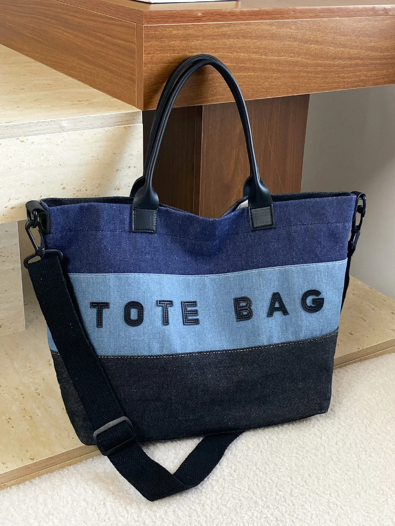 Women's new large capacity denim patchwork letter design tote bag can be carried by hand, shoulder and crossbody, suitable for work and daily use