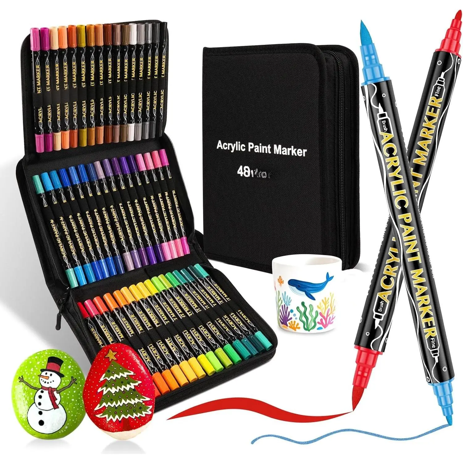 48 Colors   Markers, Tip   Pens,Includes 12 Metallic Brush Tip Markers For Rock Painting, Christmas Decorations,Plastic,Easter Deco,Pumpkin,Canvas And DIY Crafts