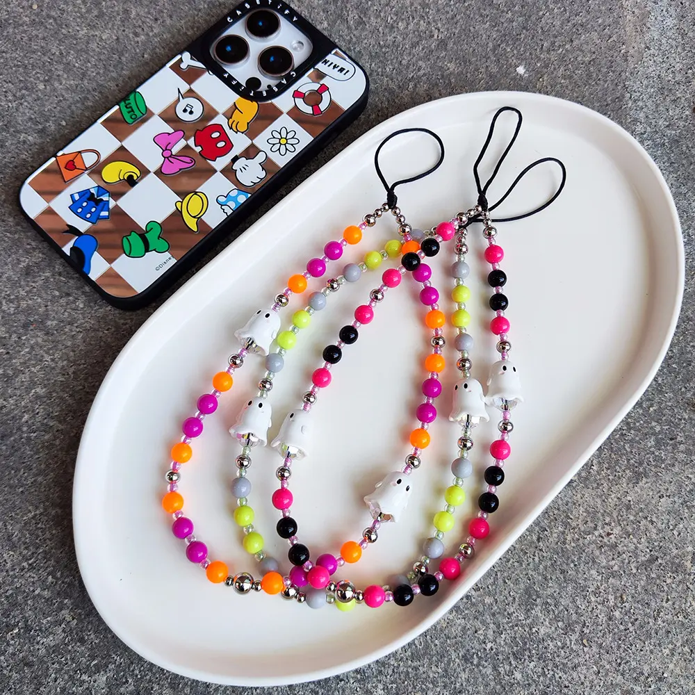 Dainty Aesthetic Beaded Phone Charm and Lanyard - Cute Ghost and Little Devil Motif with Anti-Lost Hand Chain Accessory and Universal Smartphone Strap Compatibility, Quirky Handcrafted Design, Perfect for Daily Phone Styling, Purse Decoration & Spooky Sea