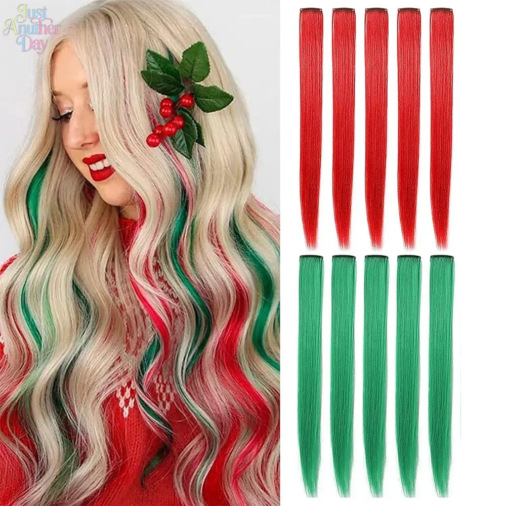 10Pcs Christmas Color Clip In Hair Extensions, Red & Green Highlight Synthetic Hair Pieces, Straight High-temperature Fiber Hang Ear Dyed Hair Streaks for Holiday Cosplay