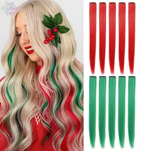 10Pcs Christmas Color Clip In Hair Extensions, Red & Green Highlight Synthetic Hair Pieces, Straight High-temperature Fiber Hang Ear Dyed Hair Streaks for Holiday Cosplay