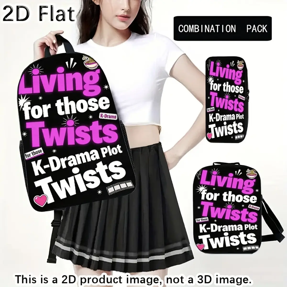 3pcs Backpack Set Themed Around The K Drama Plot "Living for Those Twists" Includes a Backpack, Pencil Case, And Sling Bag, Featuring a 2D Print Casual Bag Set Perfect for Girls Who Are Fans of Kdrama, Ideal for Travel And Gifting