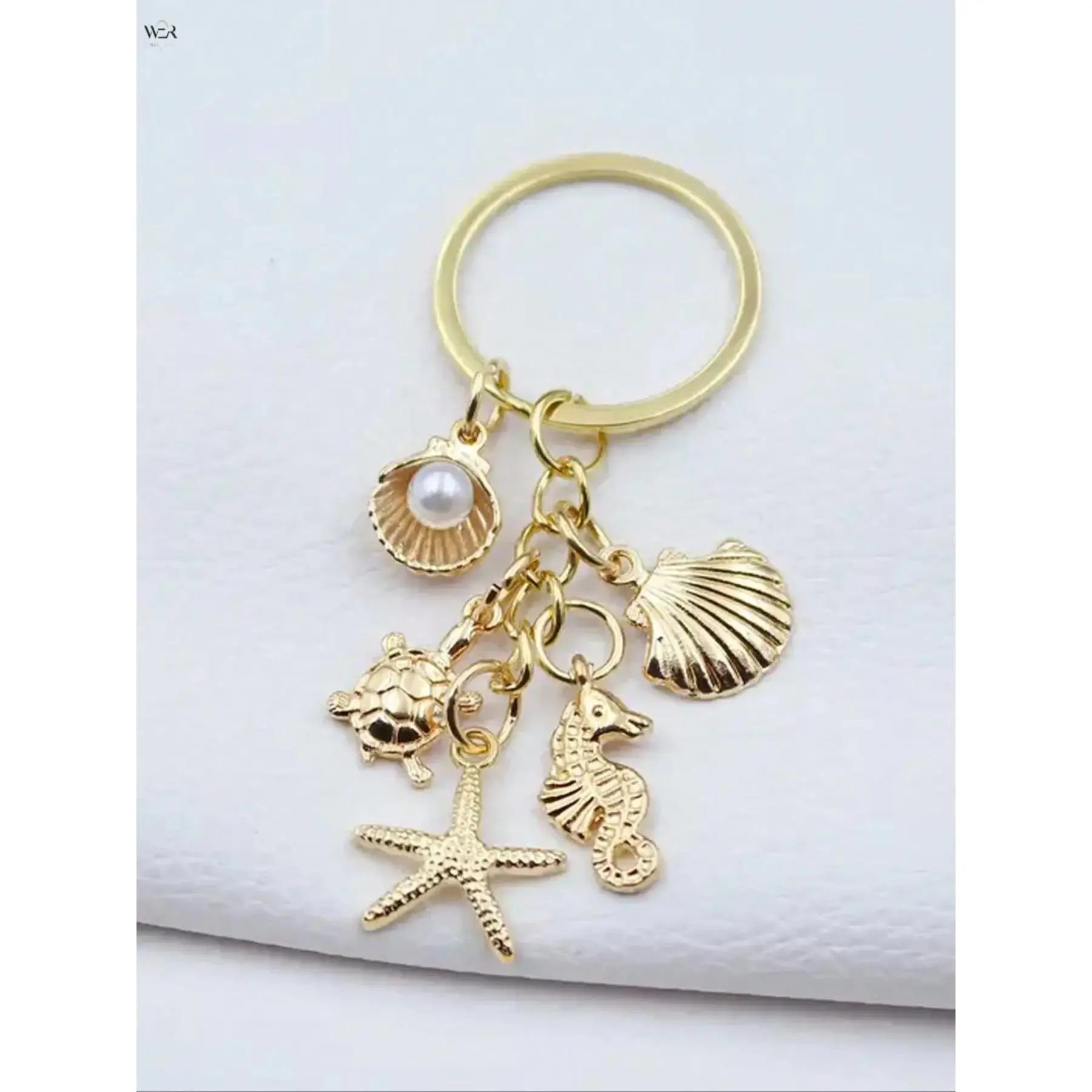 8.45cm Gold Ocean Theme Keychain 10g Starfish Seahorse Turtle Shell Pearl Charms Nautical Dangle Key Ring Summer Beach Style Bag Pendant Coastal Vacation Jewelry Lovely Seaside Mini Gift