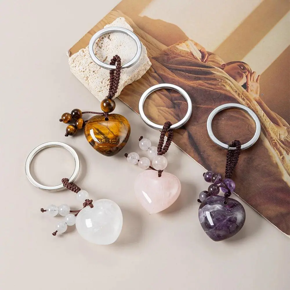 Cute Natural Rose Quartz Heart Healing Crystal Keychain for Women | Aesthetic Gemstone Tassel Bag Charm, Self-Care Love Purse Charm & Birthday Gift