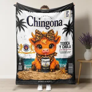 Chingona Cute Highland Cow Leopard Bow Beer Label Flannel Throw Blanket - Latina Culture Home Decor Sofa Blanket, Unique Birthday Gift for Latina Women, Summervibes Mexican Home Decor