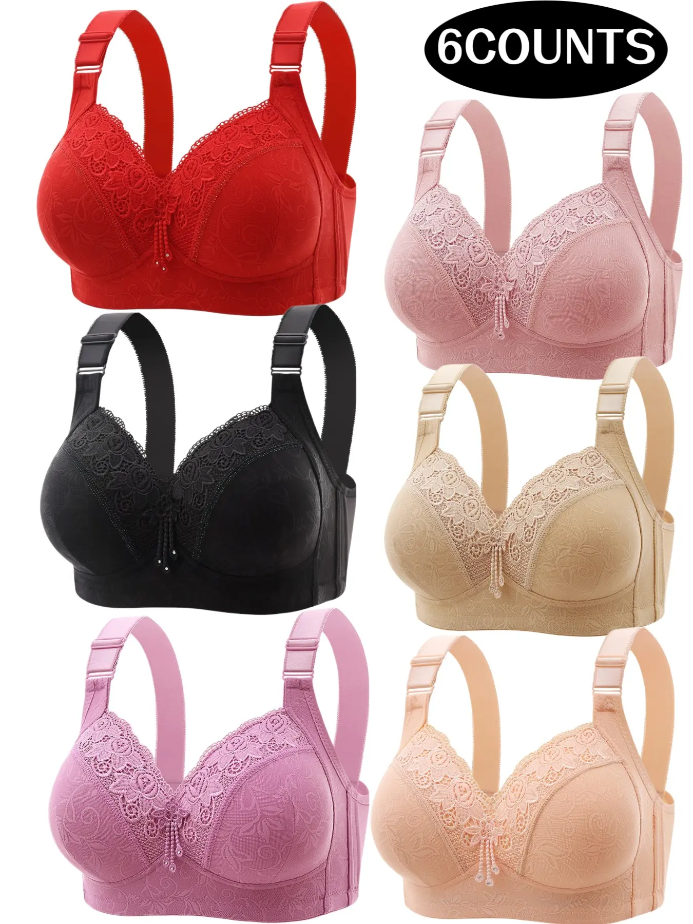 6-Pack Women's Lace Wireless Push-Up Bras, Seamless Comfort Fit, Daily Wear Underwire-Free Bra, Breathable Soft Fabric, Full Day Support