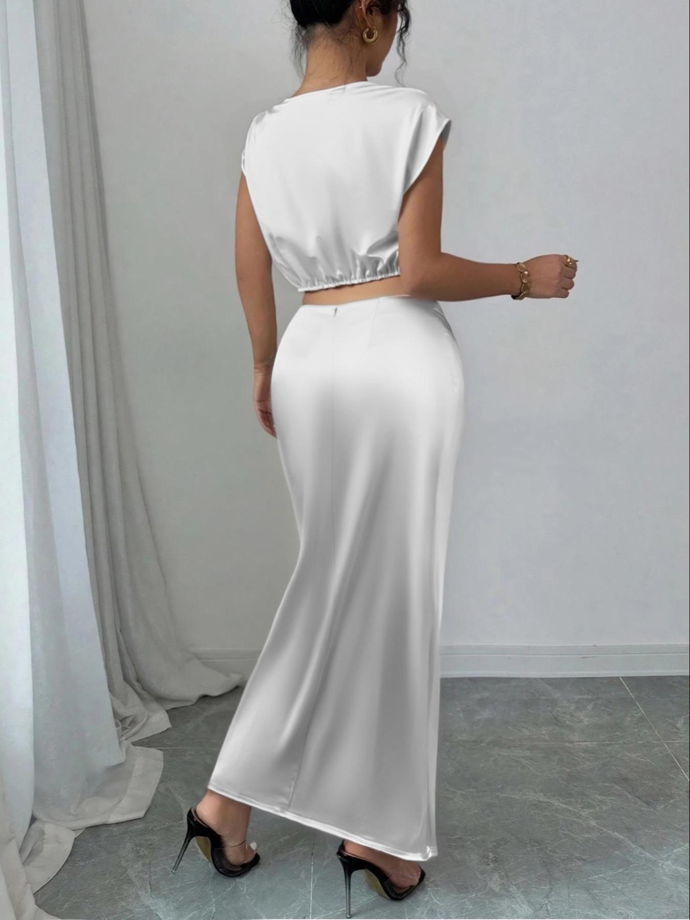 Women's Solid Asymmetrical Neck Top & Mermaid Skirt Satin Two-piece Set, Chic Elegant Fashion Casual Top & Skirt for Daily Outdoor Wear, Women's Clothing for All Seasons, Womenswear