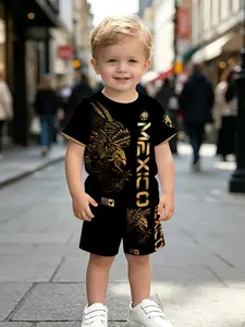Boys' High Street Fashion Gold Football Theme Set, Short Sleeve Shorts Two-Piece Set, Casual Outdoor Sports, Birthday Gift, Holiday Gift